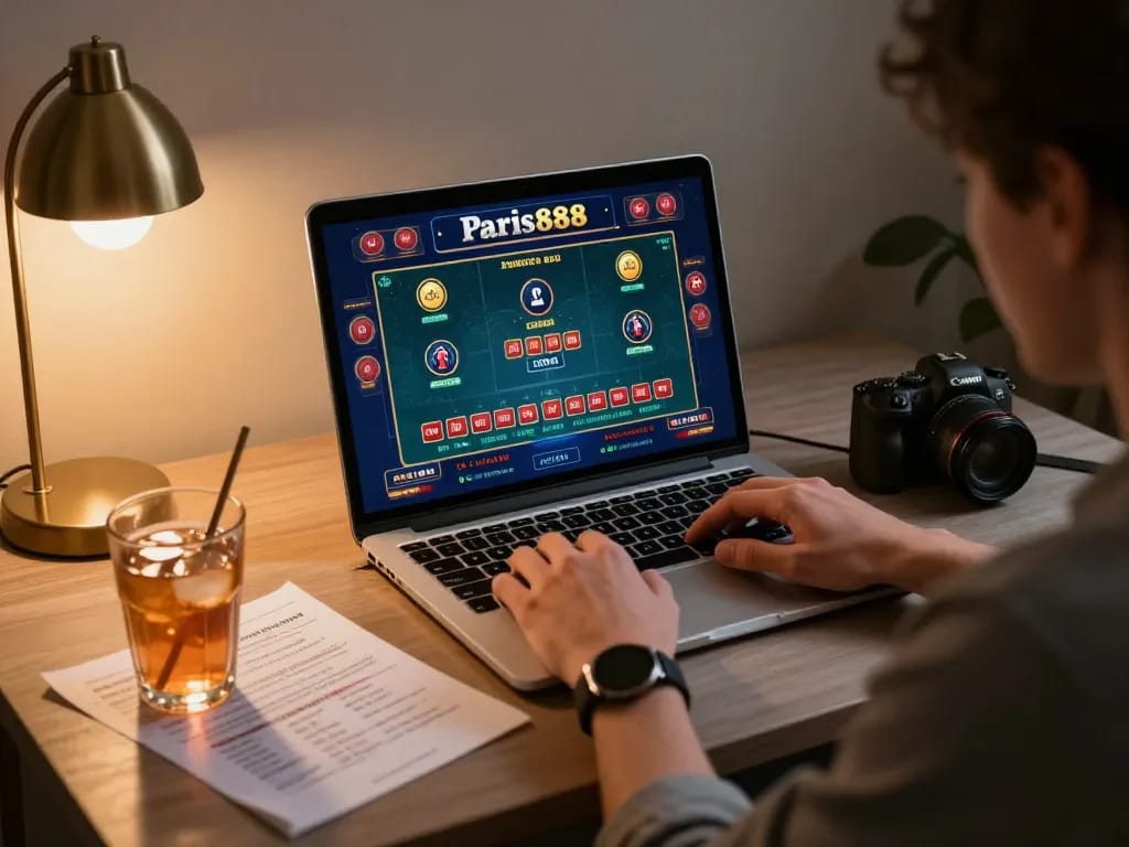 Engaging in Paris888 live casino gaming on a laptop at home with strategic notes.