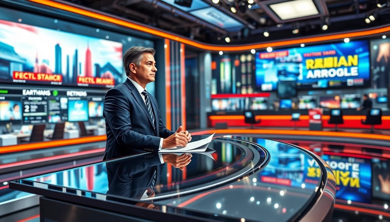 Read engaging news updates featuring a dynamic news anchor in a modern newsroom.