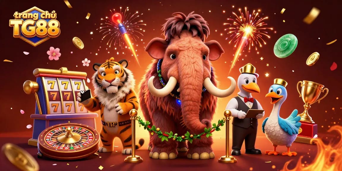 Experience the vibrant action at trang chủ TG88 with a lively 3D casino scene featuring unique characters and game elements.