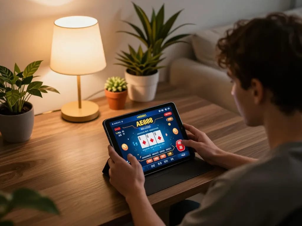Experience NHÀ CÁI AE888 with immersive online gameplay on a stylish tablet at home.