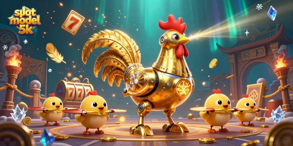 Engage in exciting action with the slot modal 5k featuring a golden rooster robot and vibrant casino elements.