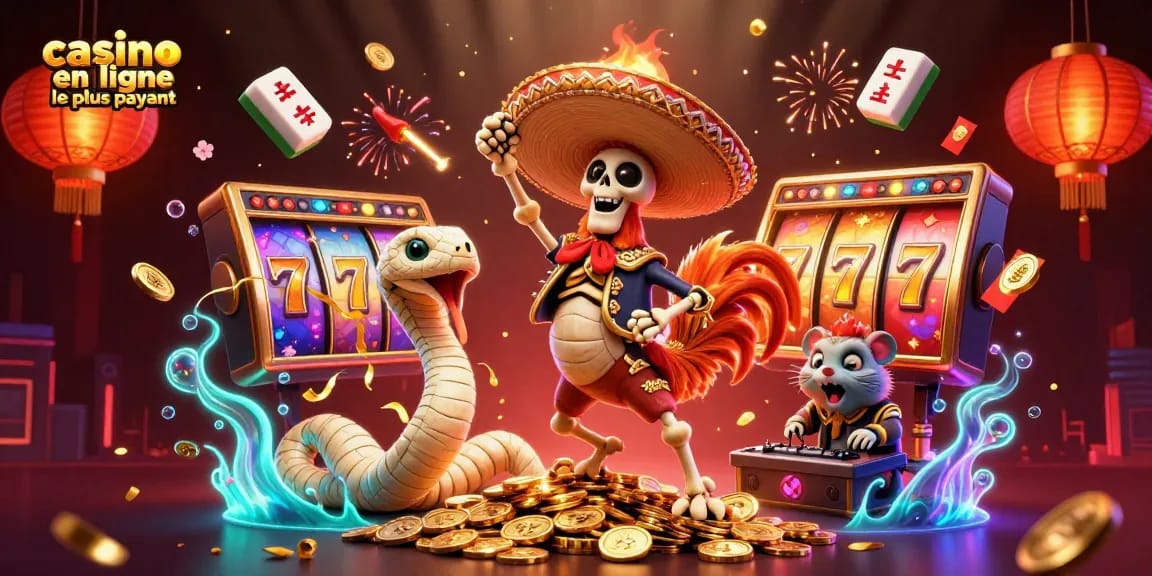 Illustration animée représentant le casino en ligne le plus payant avec des personnages festifs et des symboles de jackpot.