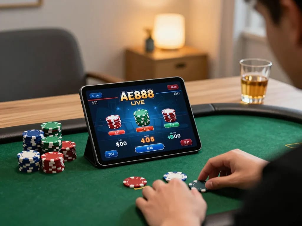 Engaging in NHÀ CÁI AE888 online poker game from a cozy home office.