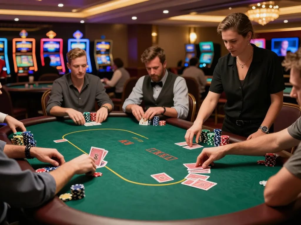 Experience open88 đăng nhập excitement at a high-stakes poker table with engaged players and vibrant casino atmosphere