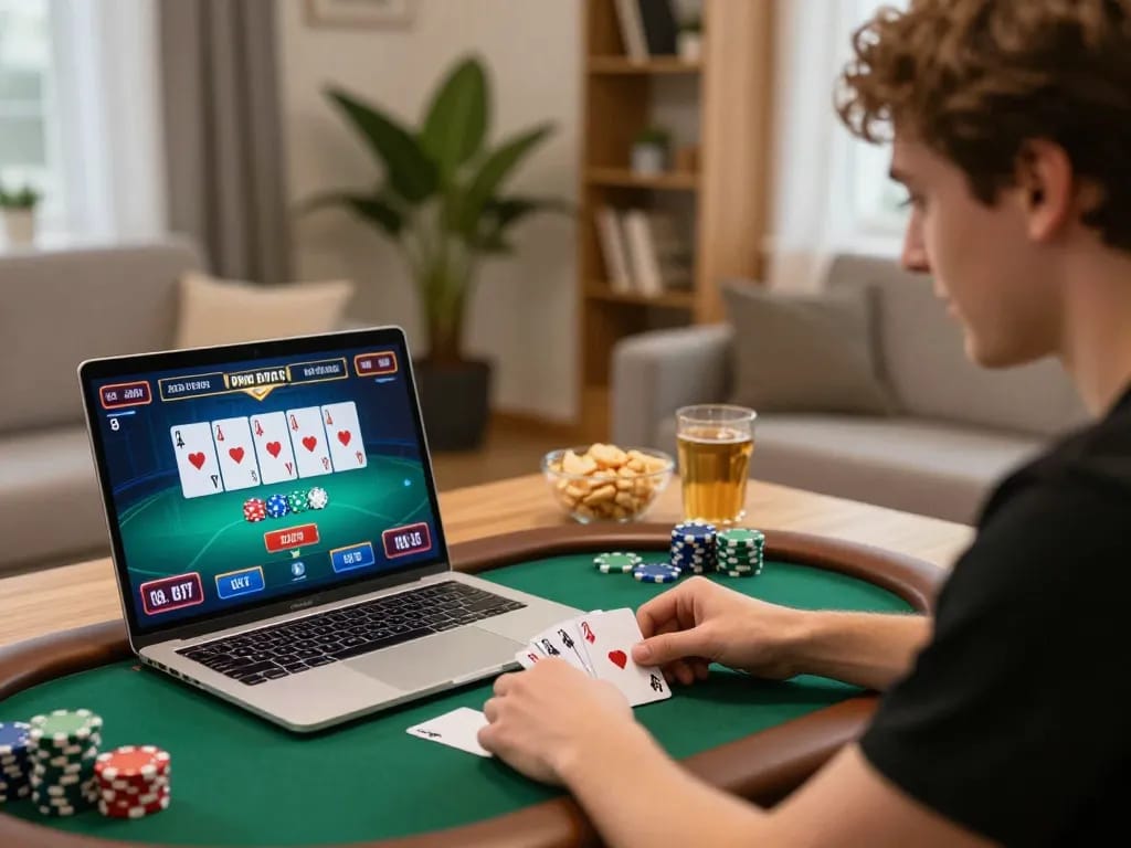 Player enjoying NHÀ CÁI G28 poker game in cozy home setting, focused on strategy and betting