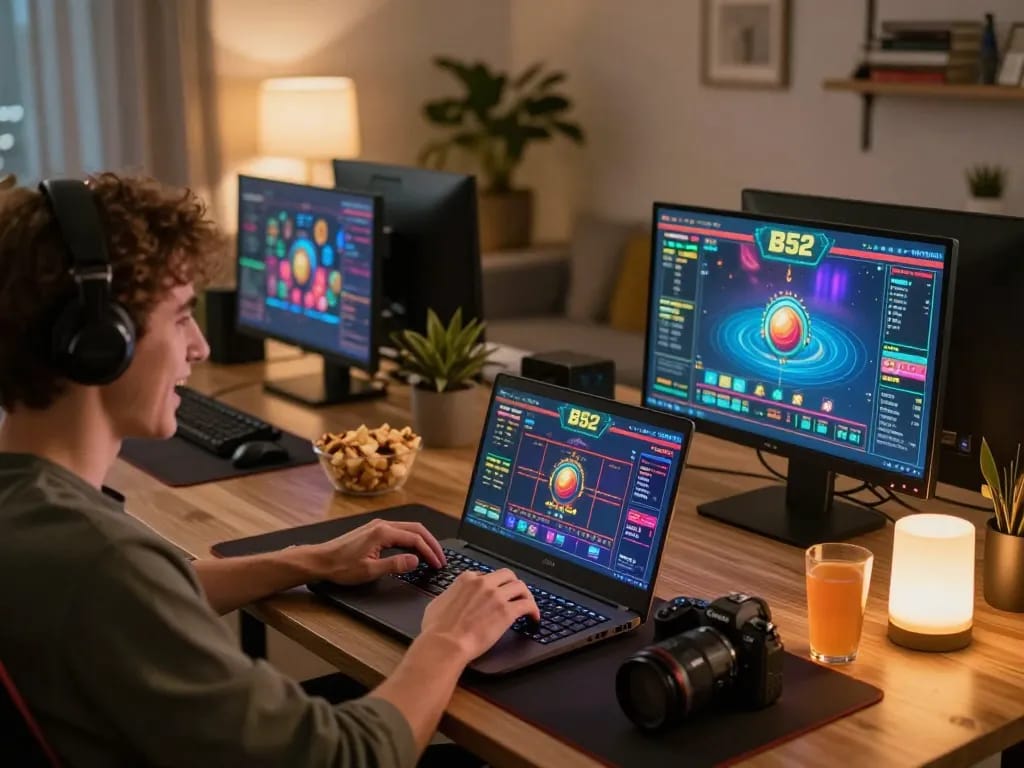 A person enjoying the excitement of B52 online casino games at home with vibrant gaming interface visible