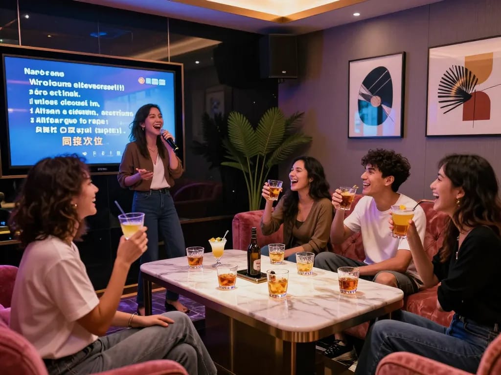 Friends enjoying a lively karaoke night at gangnamtune.com, showcasing vibrant atmosphere and premium service.