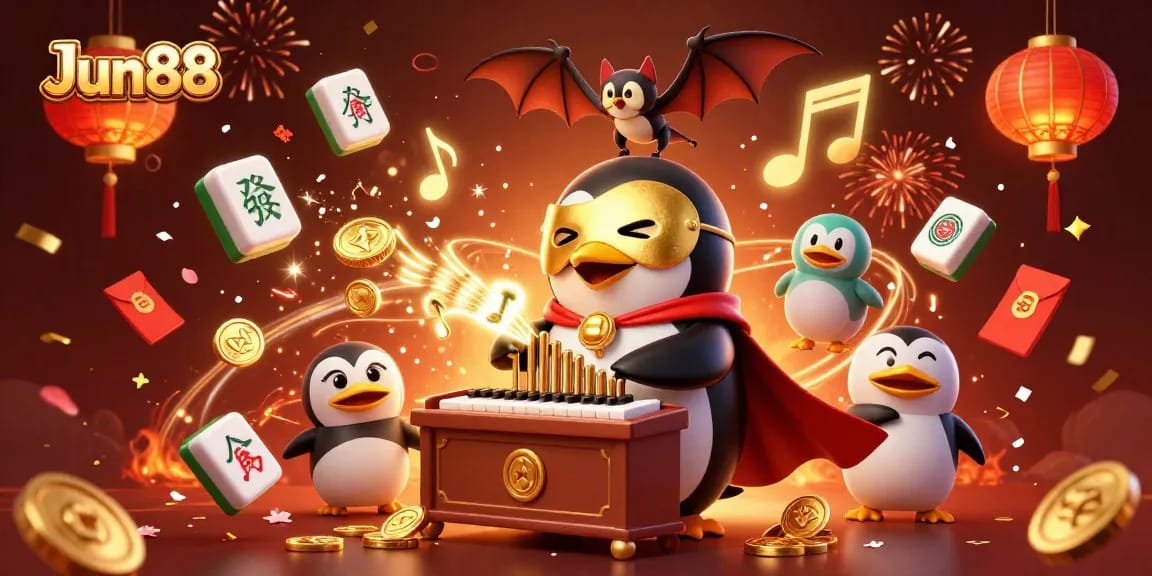 Experience the excitement of Jun88 with a captivating scene featuring a penguin playing golden coins from a grand organ amidst festive elements.