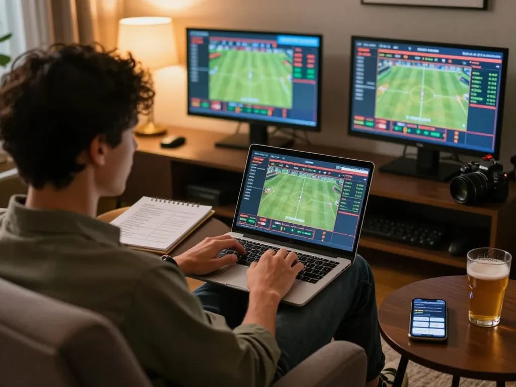 Person engaging in online sports betting at home on laptop, showcasing sc888 strategies and live odds.