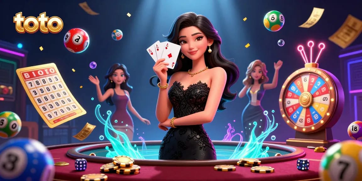 Win big with toto! Captivating casino scene featuring a woman with playing cards amidst colorful elements.