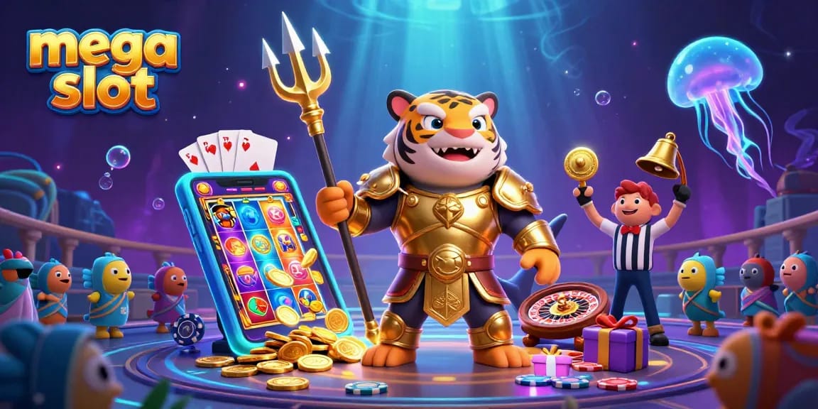 Menang di mega slot dengan karakter ikan hiu bertopeng dan elemen permainan slot berwarna-warni.