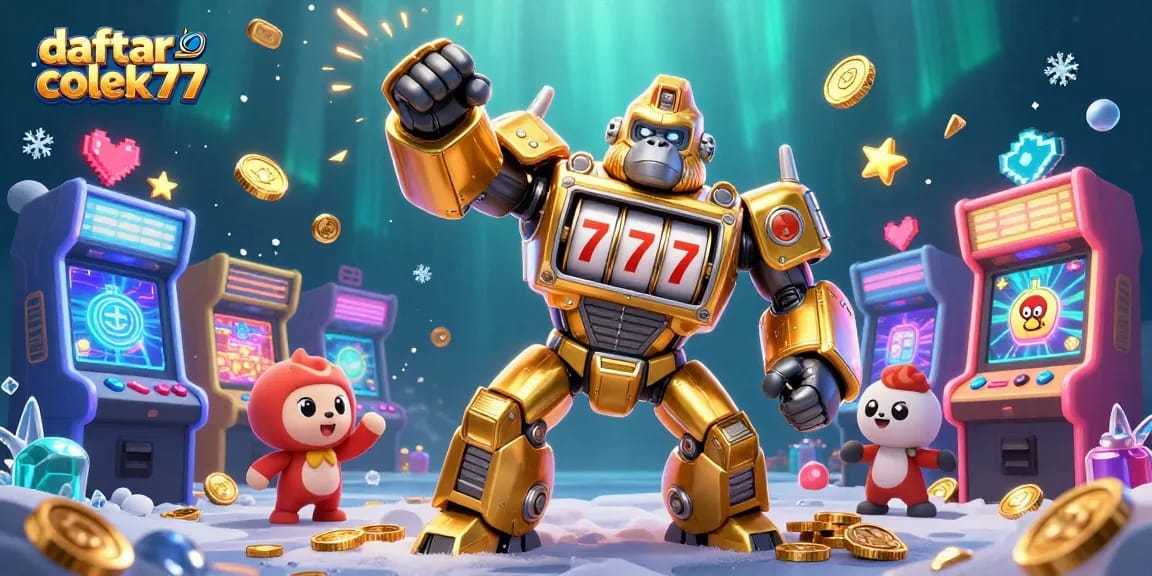 Engage with the thrill of daftar colek77 featuring a dynamic golden gorilla mech and casino elements.