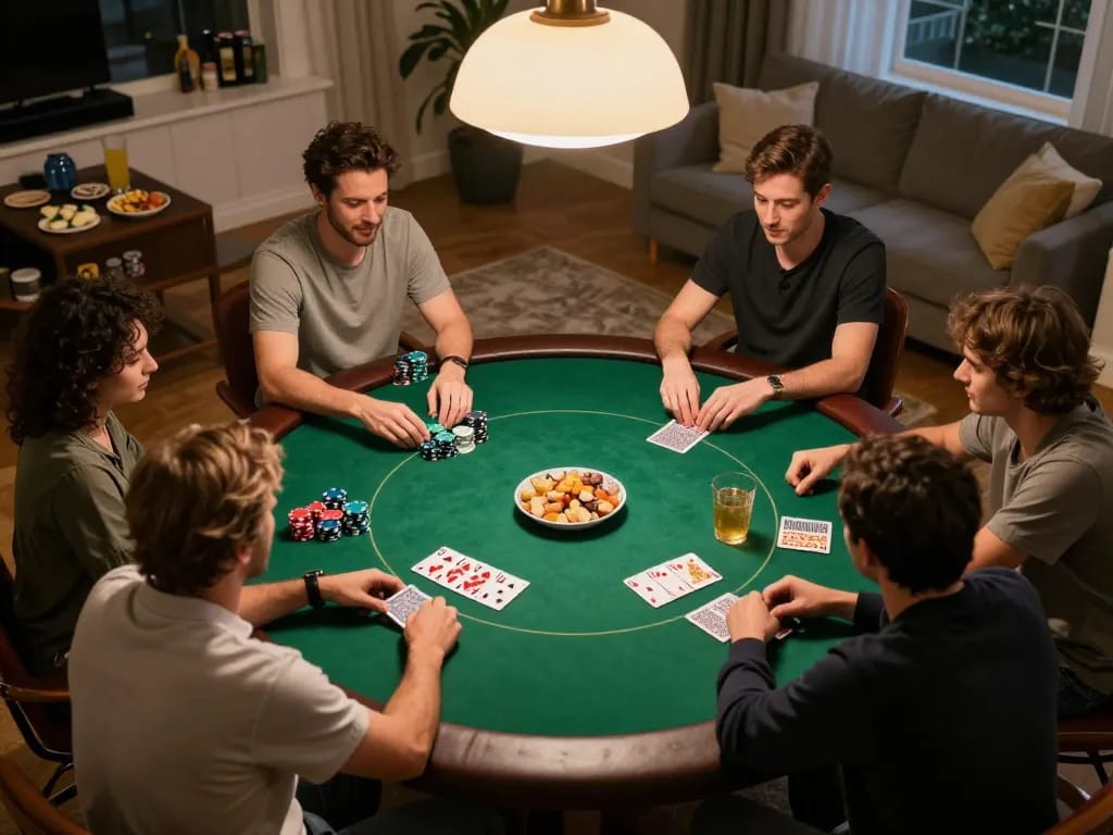 Engaging home poker night scene showcasing players enjoying NHÀ CÁI CM88 gaming experience amid friendly competition.