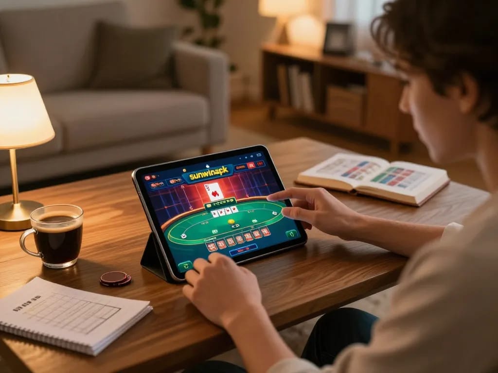 Player engaging with the sunwinapk casino app on a tablet in a cozy living room