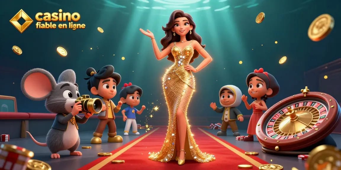 Participez à un gameplay passionnant sur casino fiable en ligne avec une scène 3D glamour d'éléments et de personnages de casino.