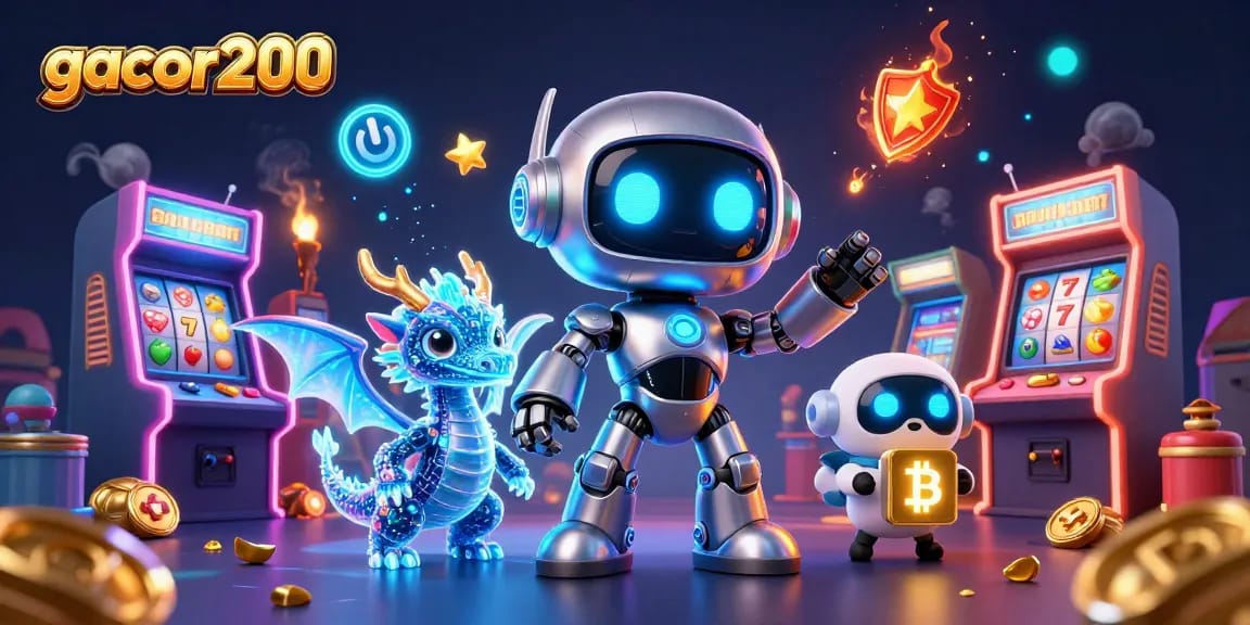 Engage with gacor200's thrilling casino adventure featuring vibrant slot machines and animated characters.
