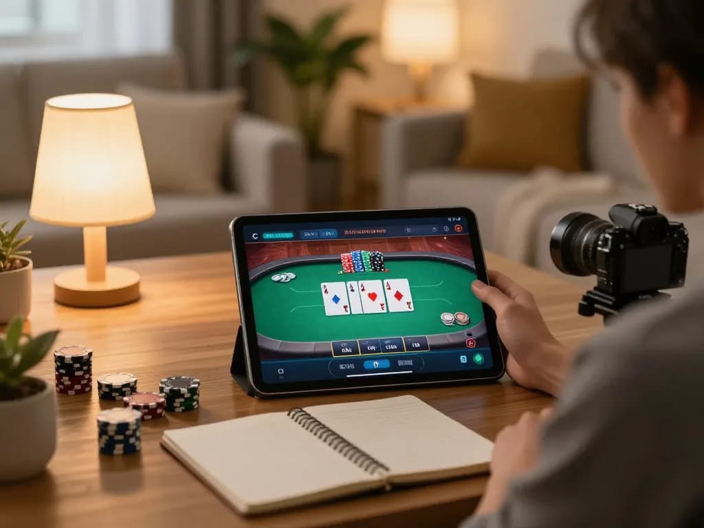 Engaging home gaming scene with NHÀ CÁI TR88 on tablet showcasing poker betting strategies.