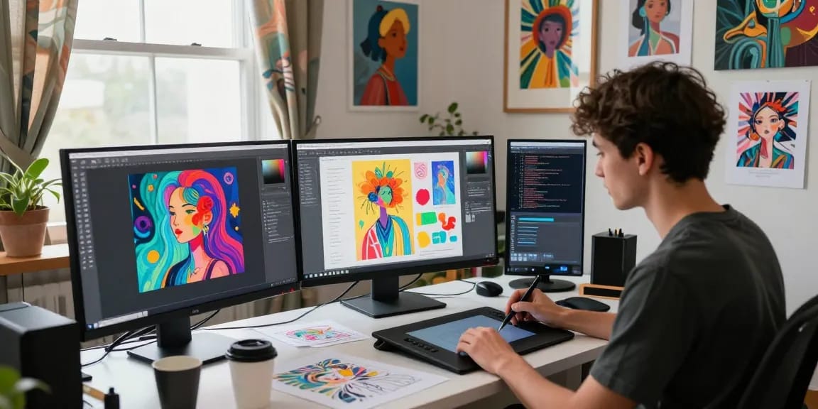 Artist creating AI prompt images in a vibrant digital art studio, showcasing creativity and innovation