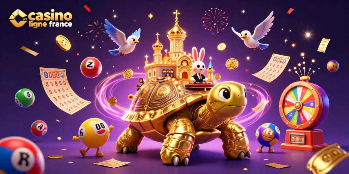 Découvrez le casino en ligne France avec une tortue en or et un croupier sur son dos. Jouez et gagnez des pièces d'or!
