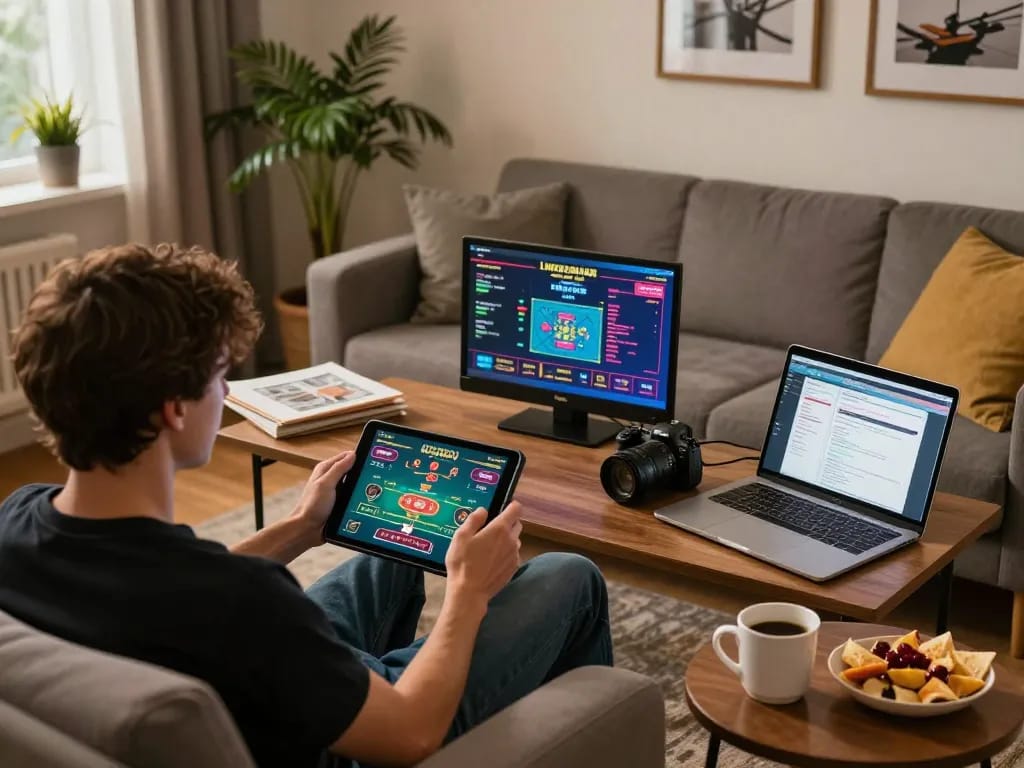 Engaging in live dealer games on KK55 app, showcasing cozy home gaming environment