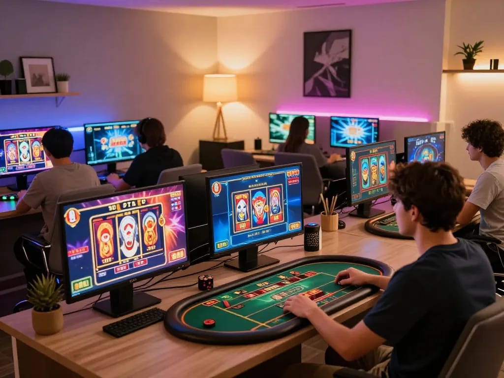 Players enjoying a thrilling situs slot game experience in a stylish home setting
