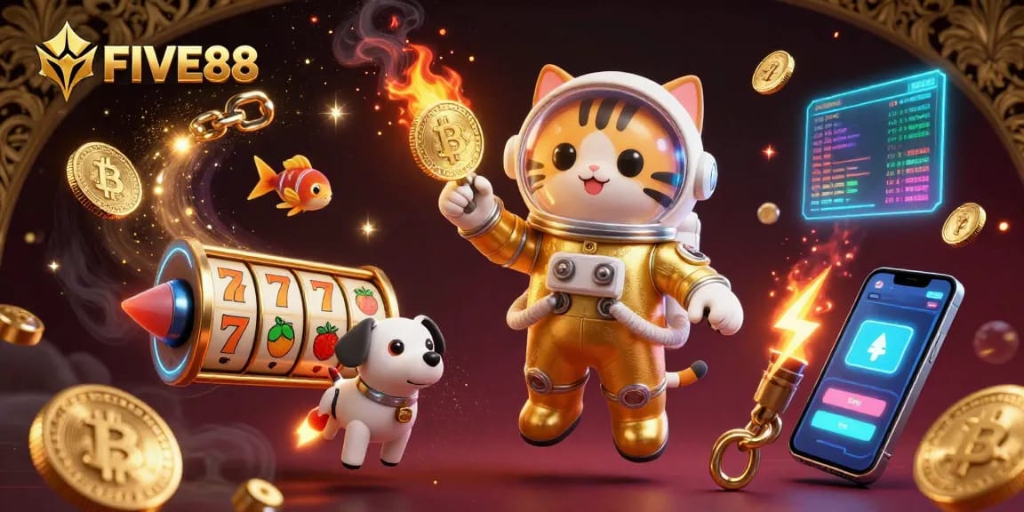 Engage with FIVE88 as a vibrant astronaut cat and robot dog explore a dazzling casino world.