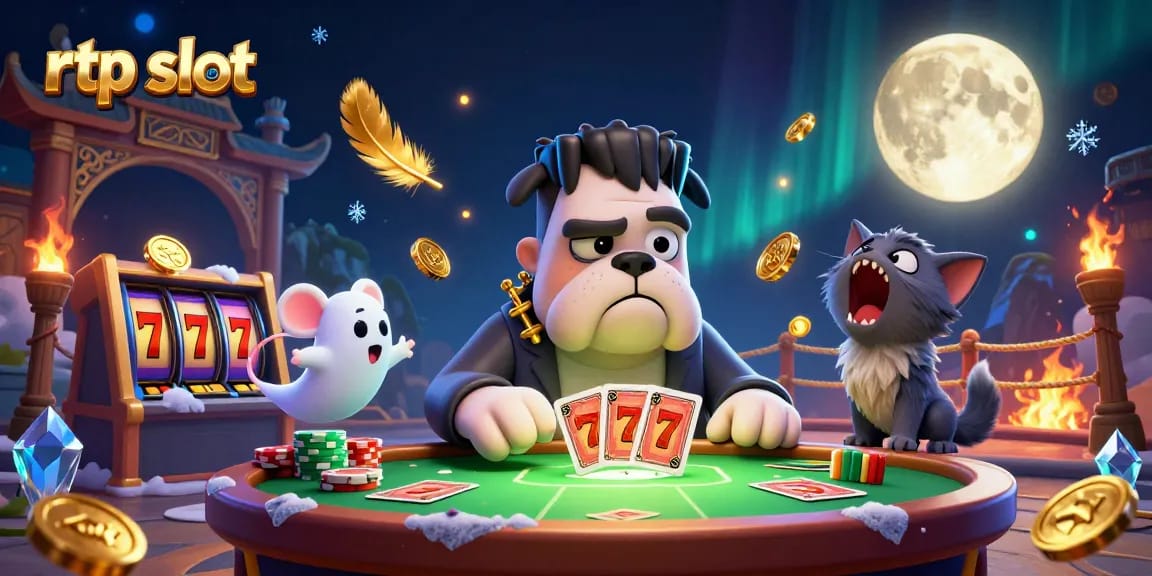 Engage with RTP slot excitement as a Frankenstein bulldog monster deals cards, surrounded by gold coins and breathtaking visuals.