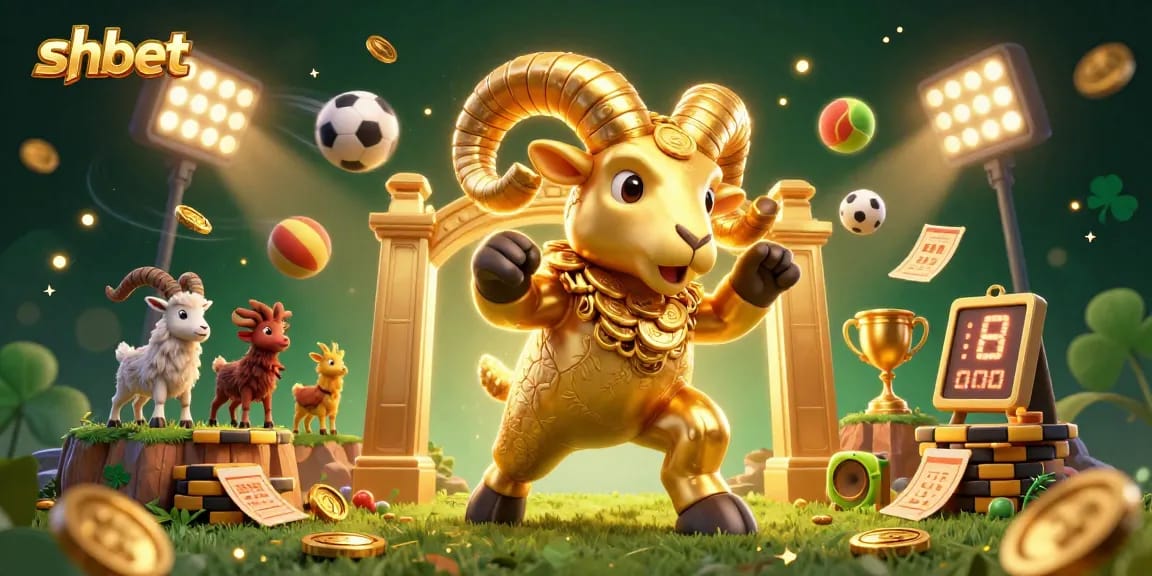 Engage with the thrilling world of shbet as a golden ram charges through a vibrant casino scene, packed with sports elements!