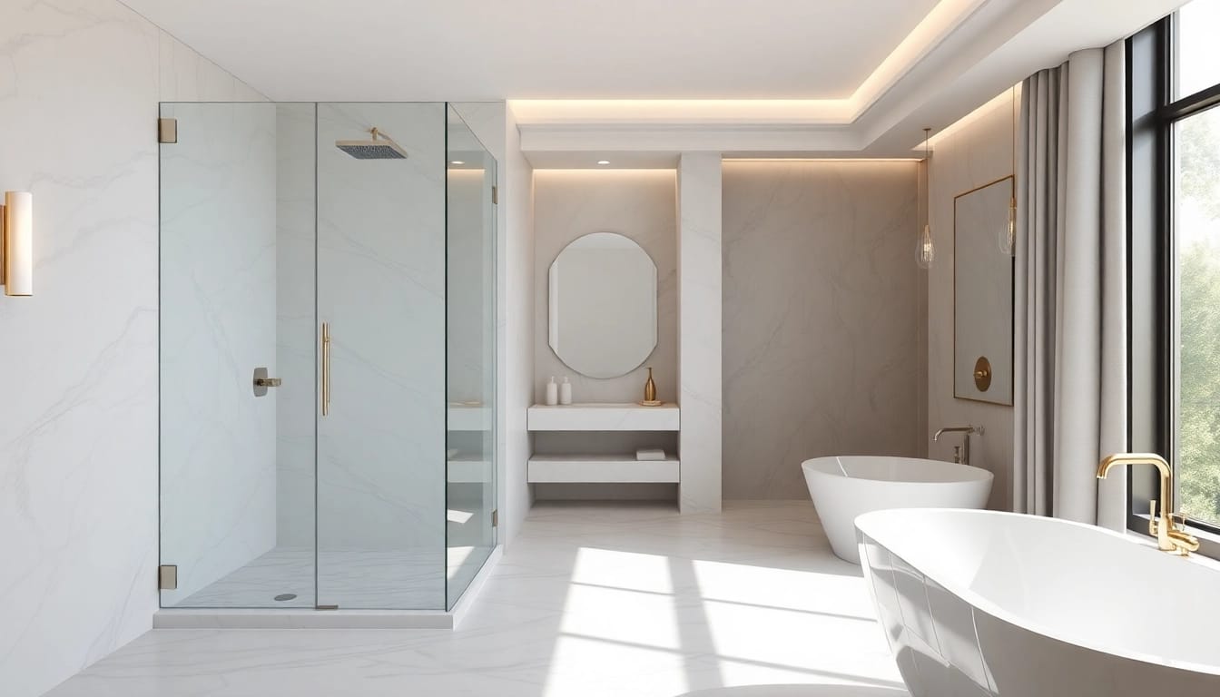 Stylish elegant showers Australia design in a modern bathroom with natural light and marble finishes.