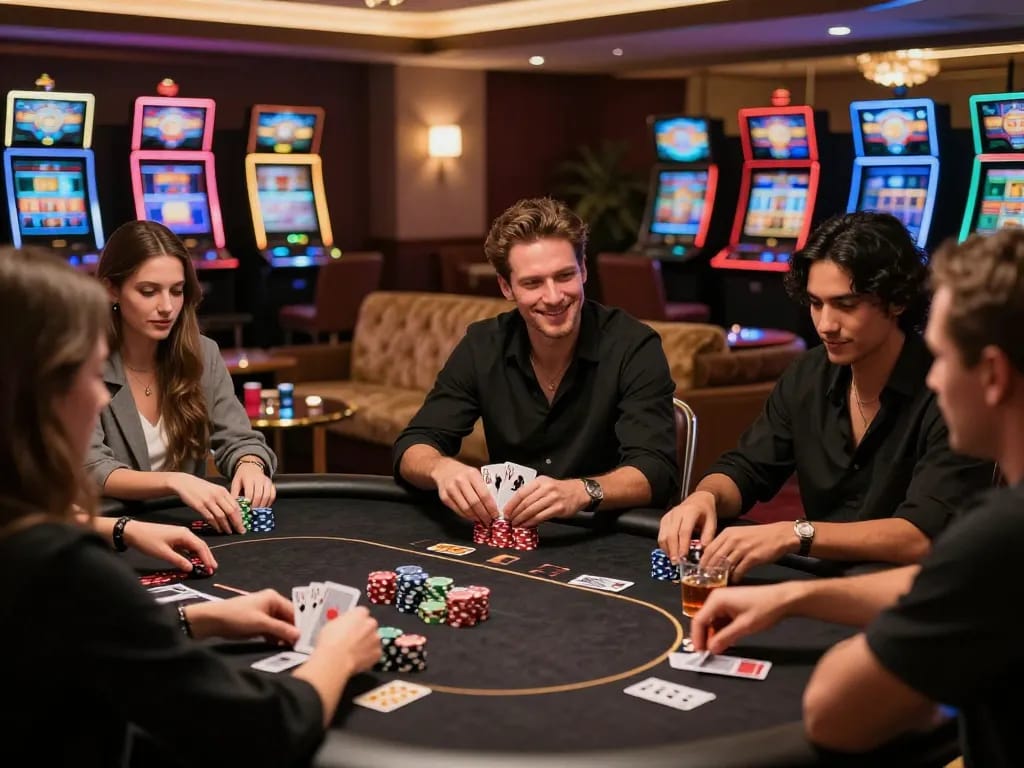 Engaging poker game at C168 com casino with friends celebrating a winning hand.