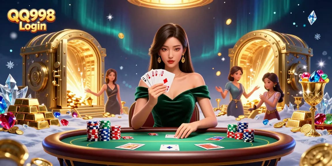 Play exciting games and win big with QQ998 Login at the luxury poker table filled with treasures.