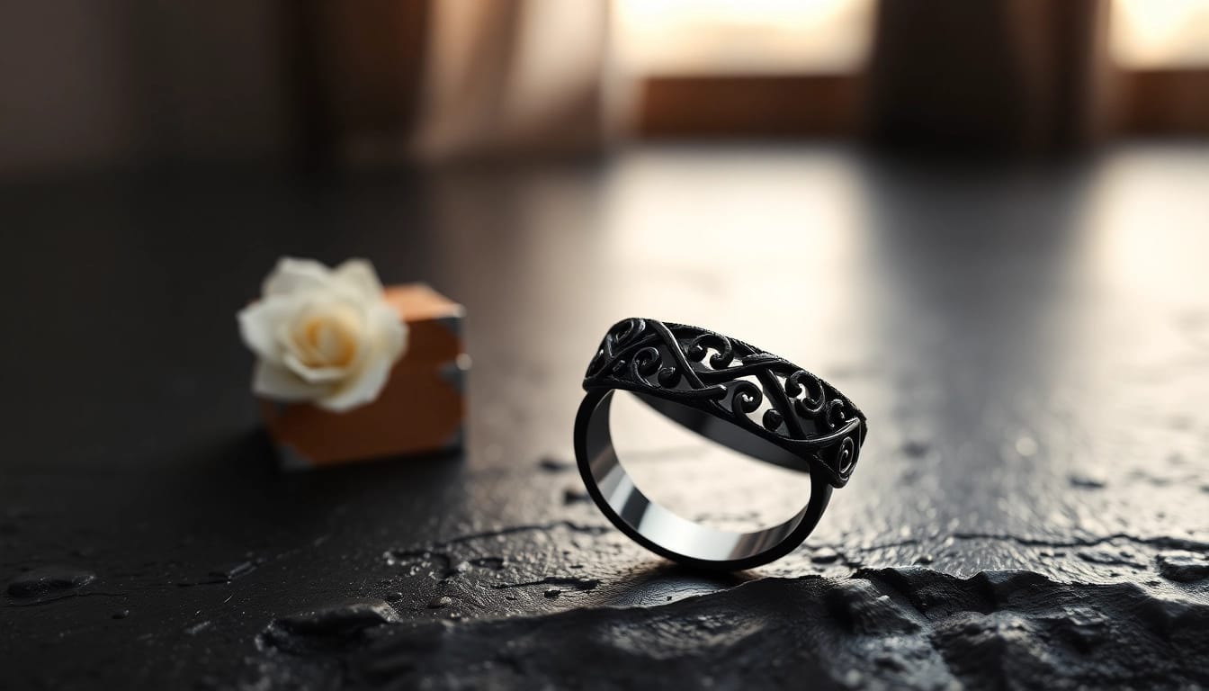Admiring a unique Black Wedding Rings for Men with intricate designs against a dark backdrop.