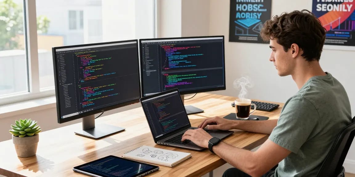 Developer at work on 纸飞机中文版 with laptops and monitors in a modern tech workspace.