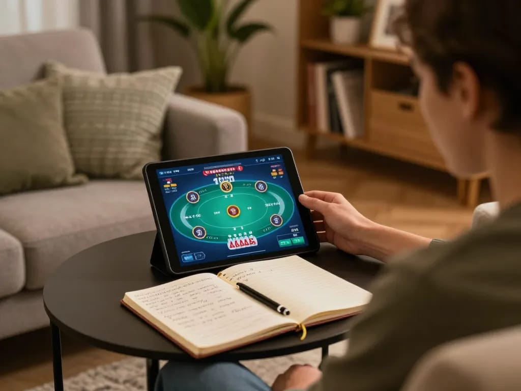 Player enjoying a strategic online poker game on 3win in a cozy living room setting