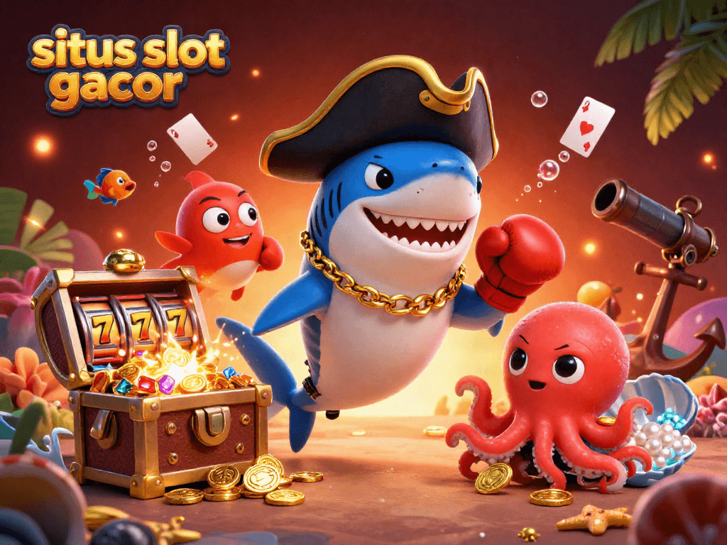 Engage in situs slot gacor excitement with a dynamic treasure-filled scene featuring a pirate shark, pufferfish, and octopus.