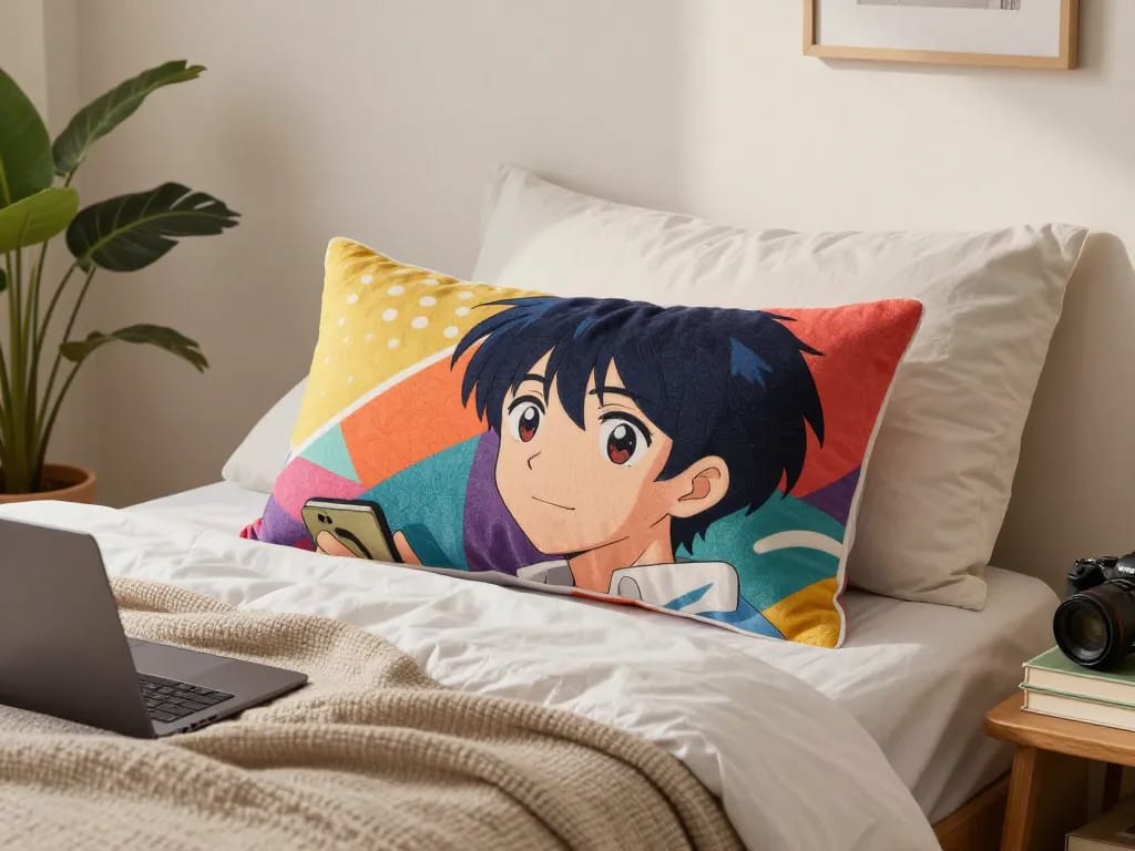 Custom body pillow in a cozy bedroom, showcasing vibrant colors and anime design, enhancing personal comfort.