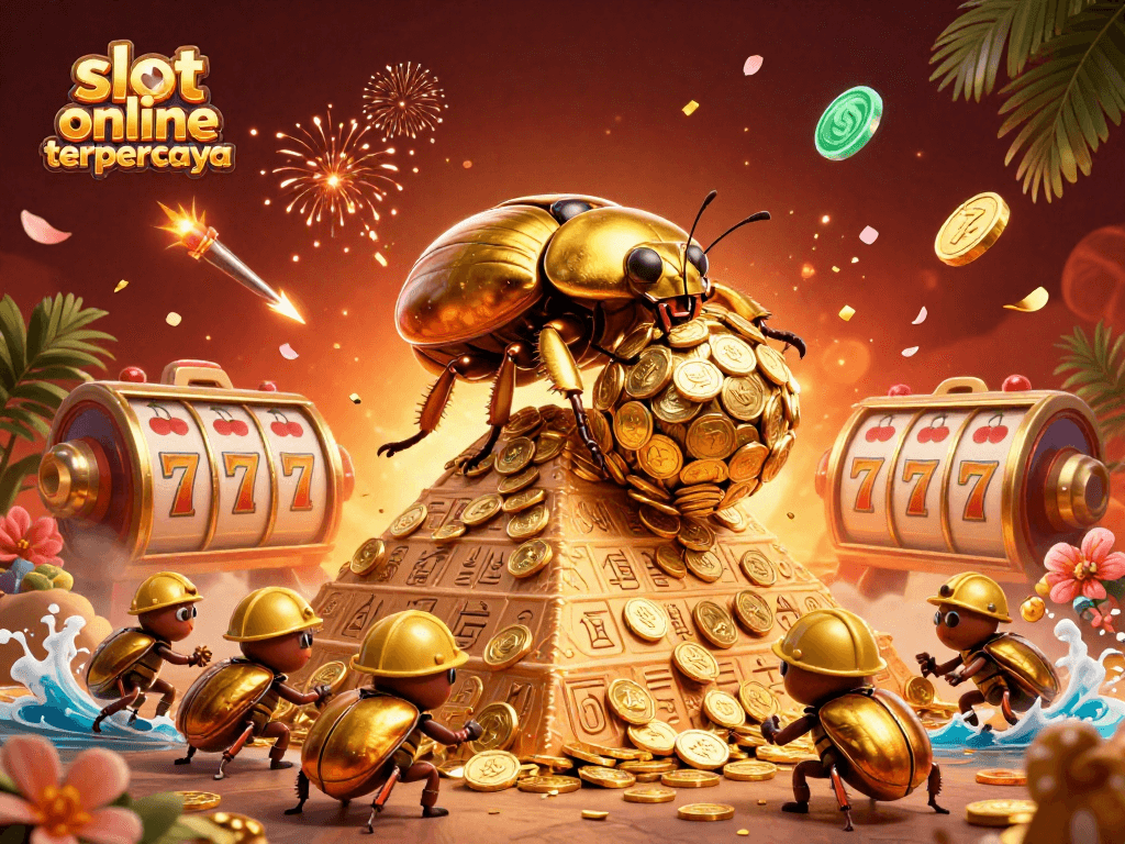 Experience the excitement of slot online terpercaya with magical scenes of golden beetles and colorful casino elements.