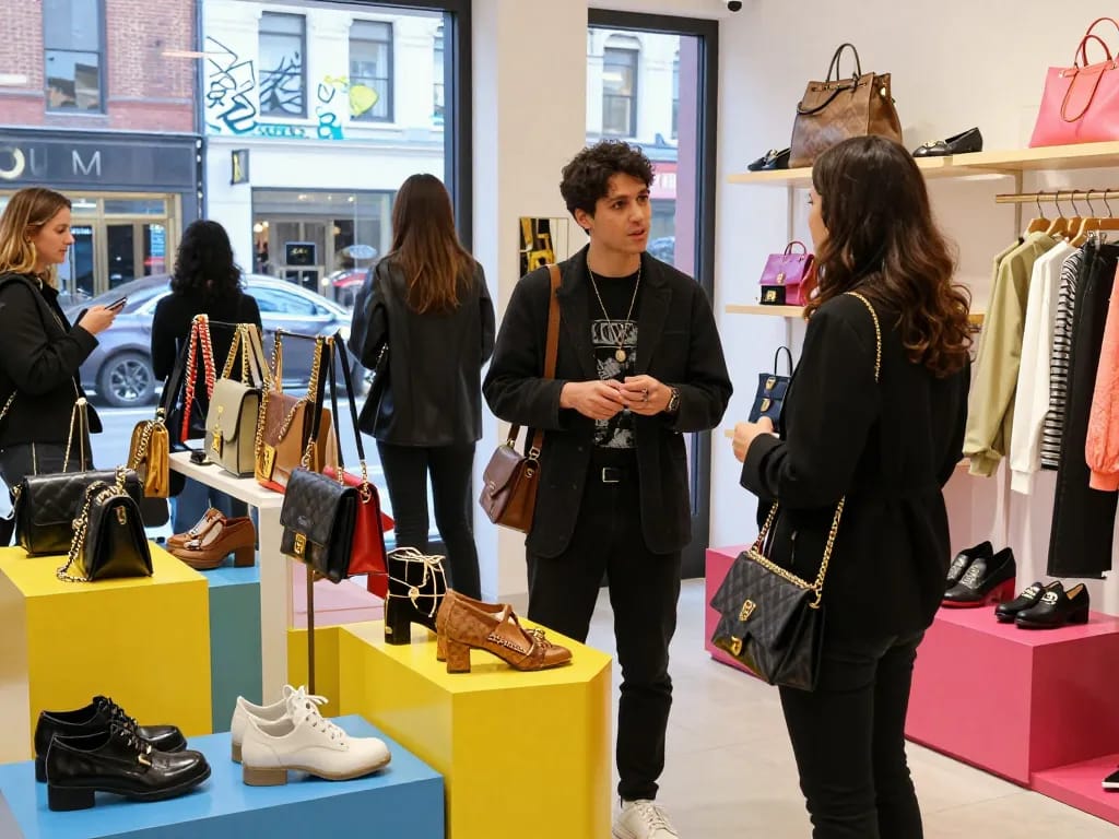Shopping experience at a 레플리카 쇼핑몰 with stylish bags and lively atmosphere.
