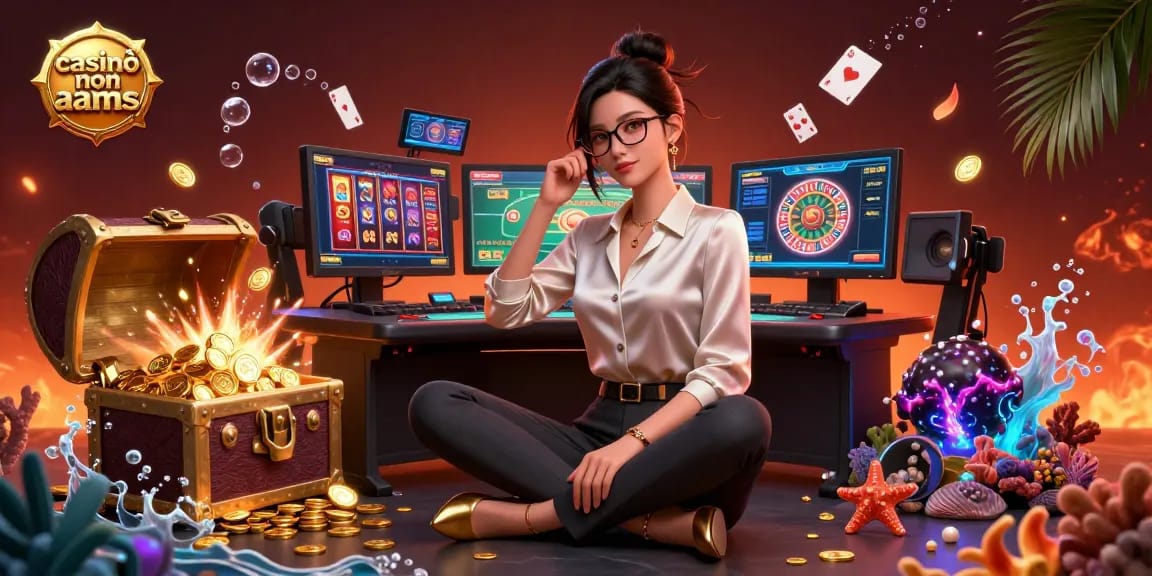 Scopri l'esperienza dinamica dei casinò non aams, con un gamer elegante in un'ambientazione di casinò ad alta tecnologia.