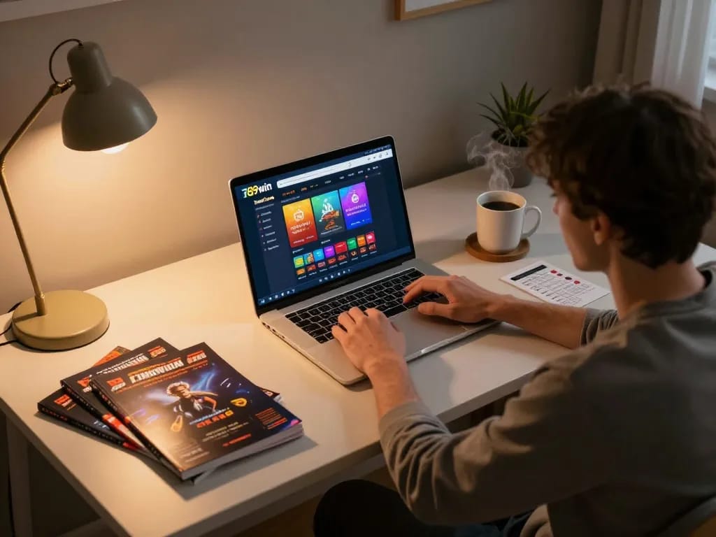 Engaged player using 789win com for strategic online gambling in a cozy home office