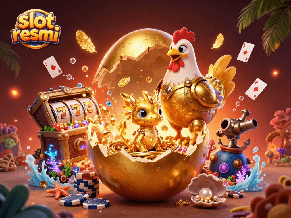Engage with slot resmi as a baby dragon emerges from a golden egg amidst vibrant casino elements.