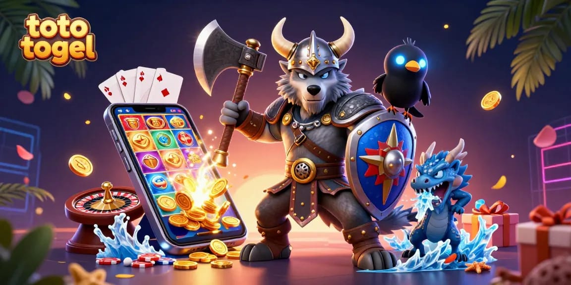 Terlibat dengan toto togel melalui ilustrasi 3D imersif yang menampilkan seorang pejuang serigala Viking dan elemen kasino berwarna-warni.