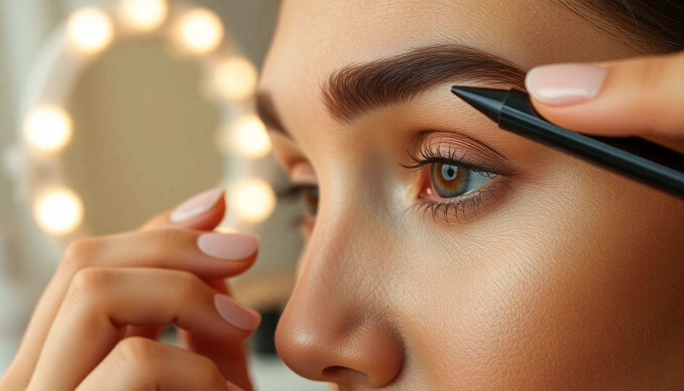 Applying brow pen to perfect eyebrows showcases beauty and precision.