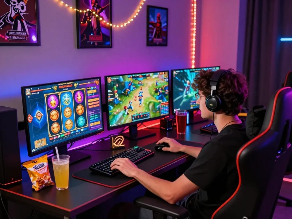 Situs slot gacor gaming enthusiast immersed in an engaging online slot game setup with vibrant graphics and cozy atmosphere.