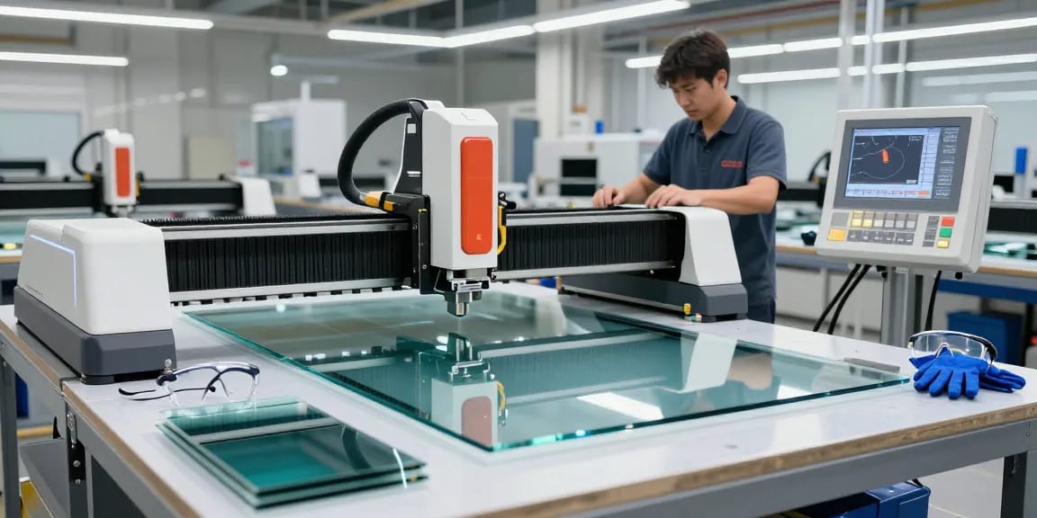 CNC cutting machine glass in action with technician, showcasing precision glass processing environment.