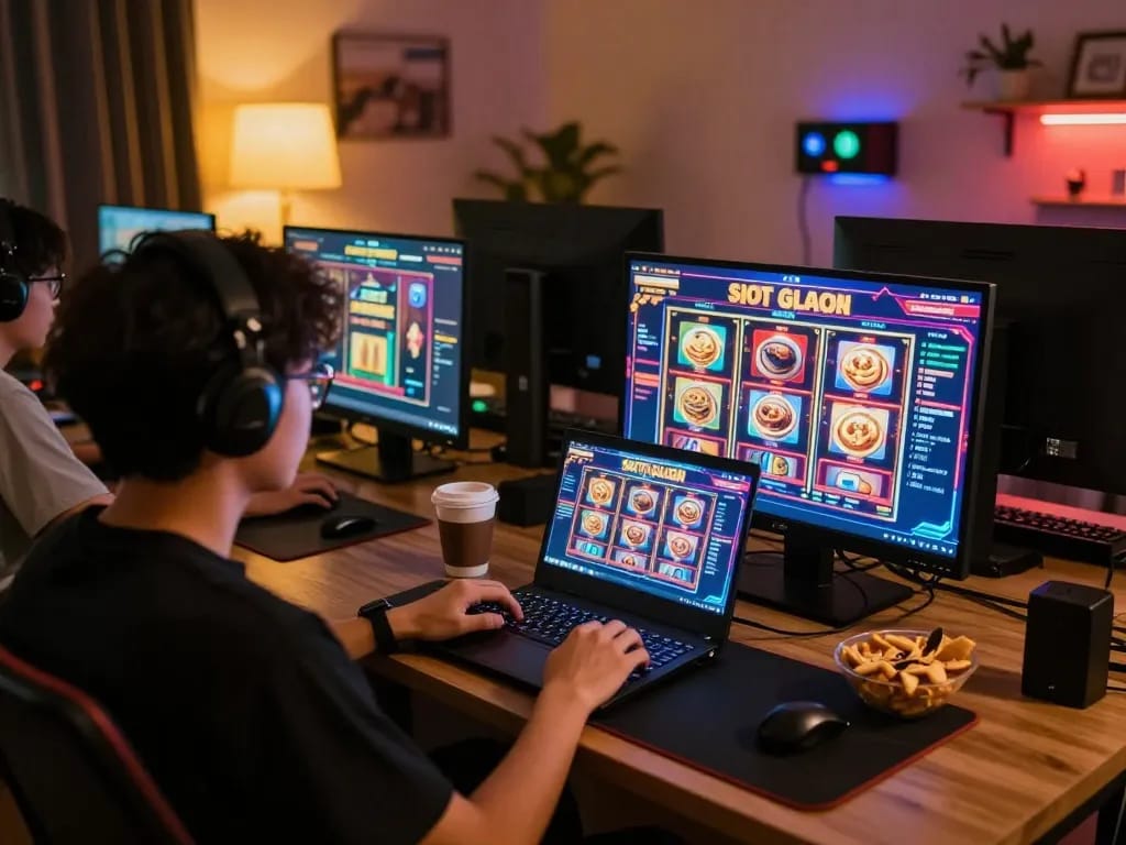 Player enjoying situs slot gacor on laptop, surrounded by snacks and warm ambiance.