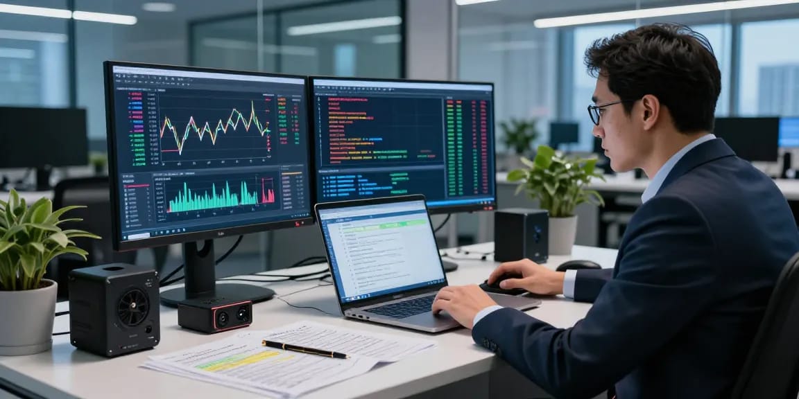 Forensic investigator analyzing cryptocurrency data to recover stolen cryptocurrency in a high-tech office.