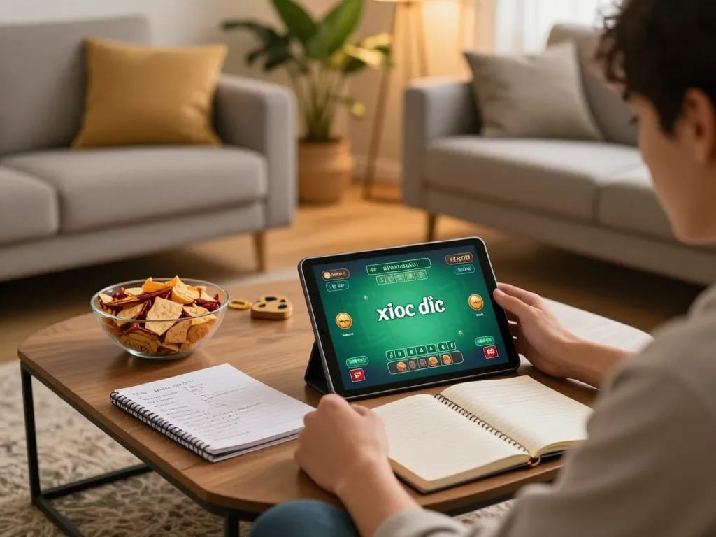xóc đĩa online player enjoying a game on a tablet in a cozy home setup.