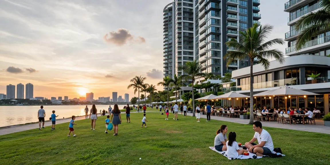 Tanjong Rhu Residences with community enjoying waterfront amenities and sunset views.