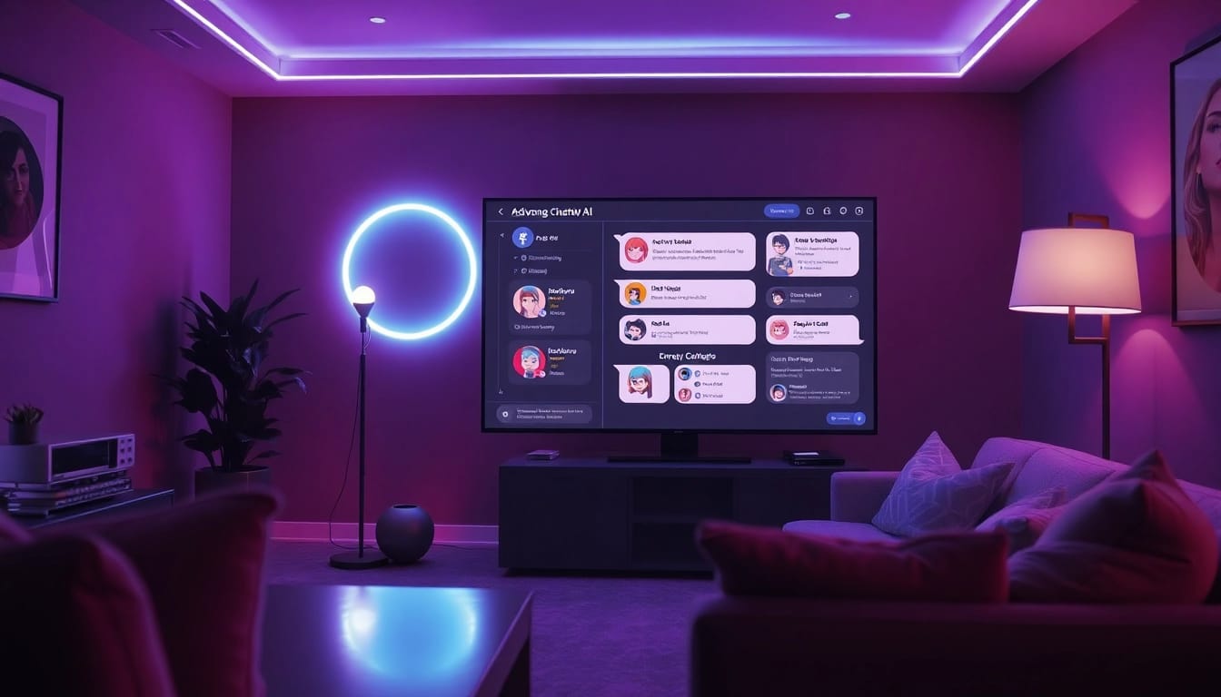 Explore an advanced nsfw ai chatbot interface in an inviting, futuristic setting.